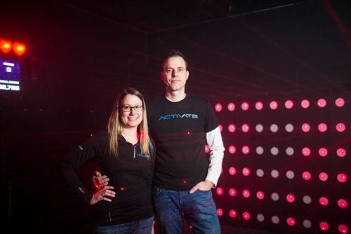 MIKAELA MACKENZIE / WINNIPEG FREE PRESS
Megan (left) and Adam Schmidt, co-owners, pose for portraits in the Activate Games real-life video game space in Winnipeg on Tuesday, Jan. 8, 2019. 
Winnipeg Free Press 2018.