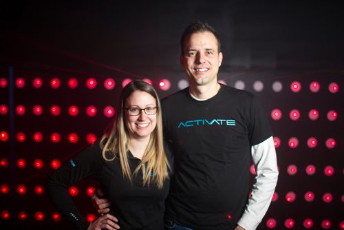 MIKAELA MACKENZIE / WINNIPEG FREE PRESS
Megan (left) and Adam Schmidt, co-owners, pose for portraits in the Activate Games real-life video game space in Winnipeg on Tuesday, Jan. 8, 2019. 
Winnipeg Free Press 2018.