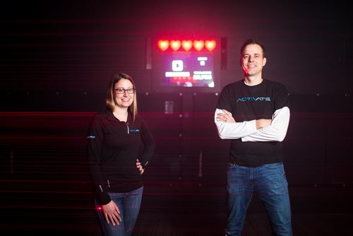 MIKAELA MACKENZIE / WINNIPEG FREE PRESS
Megan (left) and Adam Schmidt, co-owners, pose for portraits in the Activate Games real-life video game space in Winnipeg on Tuesday, Jan. 8, 2019. 
Winnipeg Free Press 2018.