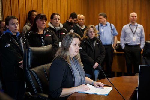 MIKE DEAL / WINNIPEG FREE PRESS
Basia Sokal, president of the Winnipeg Labour Council, speaks to the Infrastructure Renewal and Public Works committee at City Hall regarding a budget request to install driver shields on all 630 transit buses Tuesday morning.
190108 - Tuesday, January 08, 2019.