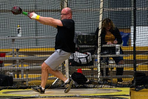PHIL HOSSACK / Winnipeg Free Press - Bruce McWhinney warms up for the 'weight throw' Wednesday evening as the 2019Bison Grand Prix # 1 got underway.   January 9, 2019.