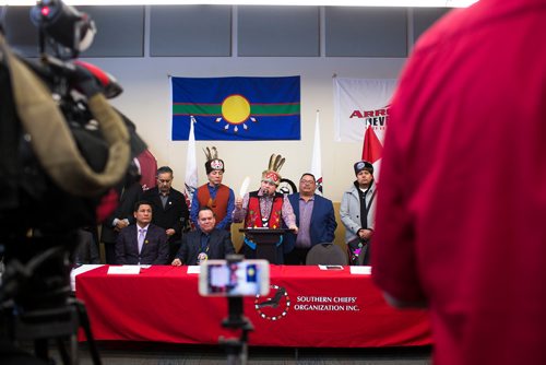 MIKAELA MACKENZIE / WINNIPEG FREE PRESS
Southern Chiefs Organization Grand Chief Jerry Daniels speaks at a press conference to launch the results of a report, which quantifies the economic contributions of First Nations in Manitoba, in Winnipeg on Thursday, Jan. 10, 2019. 
Winnipeg Free Press 2018.