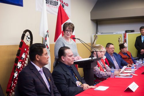 MIKAELA MACKENZIE / WINNIPEG FREE PRESS
Eileen Clarke, provincial minister of Indigenous and Northern Relations, speaks at a press conference to launch the results of a report, which quantifies the economic contributions of First Nations in Manitoba, in Winnipeg on Thursday, Jan. 10, 2019. 
Winnipeg Free Press 2018.