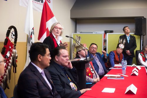 MIKAELA MACKENZIE / WINNIPEG FREE PRESS
Carolyn Bennett, Minister of Indigenous-Crown Relations, speaks at a press conference to launch the results of a report, which quantifies the economic contributions of First Nations in Manitoba, in Winnipeg on Thursday, Jan. 10, 2019. 
Winnipeg Free Press 2018.