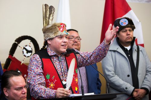 MIKAELA MACKENZIE / WINNIPEG FREE PRESS
Southern Chiefs Organization Grand Chief Jerry Daniels speaks at a press conference to launch the results of a report, which quantifies the economic contributions of First Nations in Manitoba, in Winnipeg on Thursday, Jan. 10, 2019. 
Winnipeg Free Press 2018.