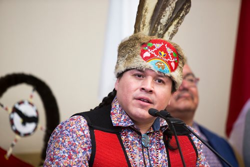 MIKAELA MACKENZIE / WINNIPEG FREE PRESS
Southern Chiefs Organization Grand Chief Jerry Daniels speaks at a press conference to launch the results of a report, which quantifies the economic contributions of First Nations in Manitoba, in Winnipeg on Thursday, Jan. 10, 2019. 
Winnipeg Free Press 2018.