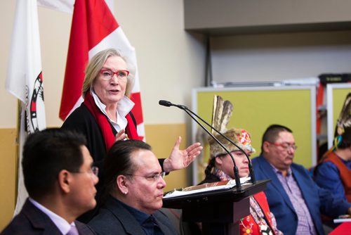 MIKAELA MACKENZIE / WINNIPEG FREE PRESS
Carolyn Bennett, Minister of Indigenous-Crown Relations, speaks at a press conference to launch the results of a report, which quantifies the economic contributions of First Nations in Manitoba, in Winnipeg on Thursday, Jan. 10, 2019. 
Winnipeg Free Press 2018.