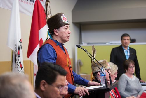 MIKAELA MACKENZIE / WINNIPEG FREE PRESS
Chief Dennis Meeches of Long Plain First Nation speaks at a press conference to launch the results of a report, which quantifies the economic contributions of First Nations in Manitoba, in Winnipeg on Thursday, Jan. 10, 2019. 
Winnipeg Free Press 2018.