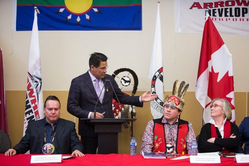 MIKAELA MACKENZIE / WINNIPEG FREE PRESS
Onekanew Sinclair, co-chair of Look North, speaks at a press conference to launch the results of a report, which quantifies the economic contributions of First Nations in Manitoba, in Winnipeg on Thursday, Jan. 10, 2019. 
Winnipeg Free Press 2018.