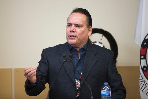 MIKAELA MACKENZIE / WINNIPEG FREE PRESS
Grand Chief Garrison Settee of Manitoba Keewatinowi Okimakanak speaks at a press conference to launch the results of a report, which quantifies the economic contributions of First Nations in Manitoba, in Winnipeg on Thursday, Jan. 10, 2019. 
Winnipeg Free Press 2018.