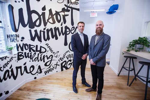 MIKE DEAL / WINNIPEG FREE PRESS
The new Ubisoft studio in Winnipeg at 250 McDermott Avenue is open with twenty-five programers, engineers, and artists. Yannis Mallat (left), CEO of Ubisoft Canadian Studios and Darryl Long (right), Managing Director of Ubisoft Winnipeg. 
190110 - Thursday, January 10, 2019.