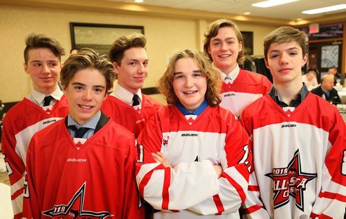 RUTH BONNEVILLE / WINNIPEG FREE PRESS

SPORTS - Minor Hockey
Group photo of All-Star players that attended the Winnipeg AAA All-Star Day Press Conference at the Canad Inns Thursday.
 
Names from left:
Rhonan White (#5, Wpg. Sharks), Peter Magnus (#15 Wpg. Monarchs), Anton Uruski (#2, Wpg. Monarchs), Jackson Sirrell (#21 Wpg. Sharks, centre), Jason Ruff (#2, Wpg. Monarchs, back row right) and Lukas Hansen (#8 Wpg. Warriors, front right).


See Mike Sawatsky story

Jan 10th, 2019 
