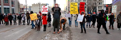 PHIL HOSSACK / WINNIPEG FREE PRESS - Protestors dance at Portage and Main Thursday. See Kevin Rollason's story. January 10, 2019