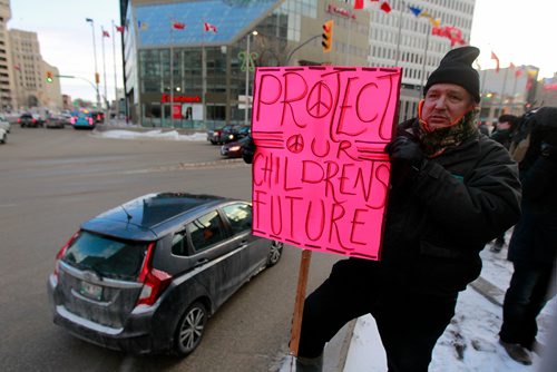 PHIL HOSSACK / WINNIPEG FREE PRESS - One of a thousand or more protestors who showed up and shut Portage and Main down Thursday. See Kevin Rollason's story. January 10, 2019