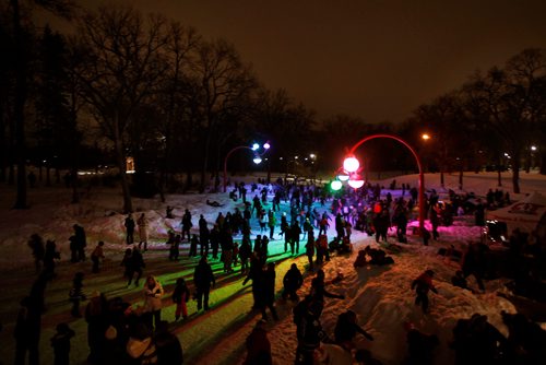 PHIL HOSSACK / WINNIPEG FREE PRESS - STAND-UP - Skates party under the glow of new 'Art' light stands Friday evening at a free family skating party starting at 5 p.m. to celebrate the official opening of Bokeh, a new artwork by Takashi Iwasaki and Nadi Design, at the pond in Kildonan Park.  See release.  January 12, 2019