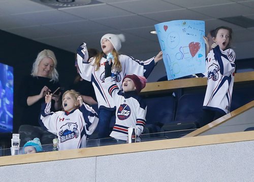 JOHN WOODS / WINNIPEG FREE PRESS
Members of the Polar Bears hockey team cheered on the  the Manitoba Moose as they played the Milwaukee Admirals in AHL action in Winnipeg on Monday, January 14, 2019.