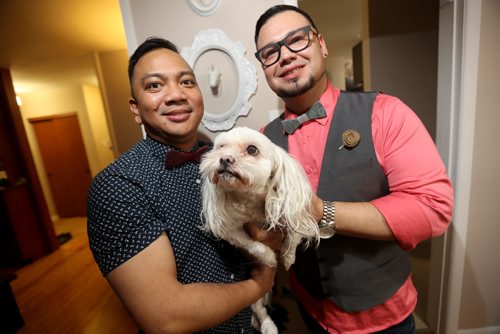 TREVOR HAGAN / WINNIPEG FREE PRESS
Ryan and Eddie Mendoza, owners of Charlies Charmed fashion accessories for men, with Charlie, Monday, January 14, 2019. for dave sanderson intersection