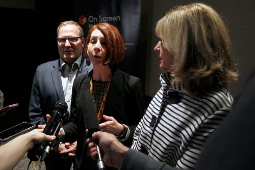 PHIL HOSSACK / WINNIPEG FREE PRESS - Sport and Heritage Minister Cathy Fox right, Nicole Matiation of On Screen Manitoba (centre) and Finance Minister Scott Fielding  at a press conference after her announcement renewing the Film and Video Production tax Credit. See Randall King's story.