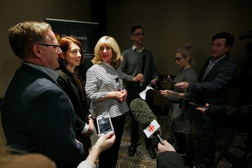 PHIL HOSSACK / WINNIPEG FREE PRESS - Sport and Heritage Minister Cathy Fox left, Nicole Matiation of On Screen Manitoba (centre) and Finance Minister Scott Fielding  at a press conference after her announcement renewing the Film and Video Production tax Credit. See Randall King's story.