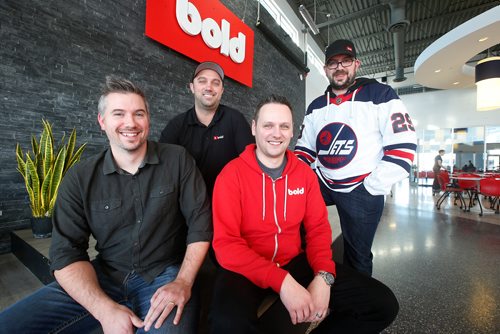 JOHN WOODS / WINNIPEG FREE PRESS
Bold founders, from left, Yvan Boisjoli, CEO, Jason Myers, VP Growth, Stefan Maynard, CBO, and Eric Boisjoli, CTO are photographed in their Winnipeg head office Tuesday, January 15, 2019. The company has raised $22 million from two Toronto venture capital funds to accelerate growth. 80,000+ merchants in more than 170 countries around the world use Bolds suite of E- commerce apps in their online stores.