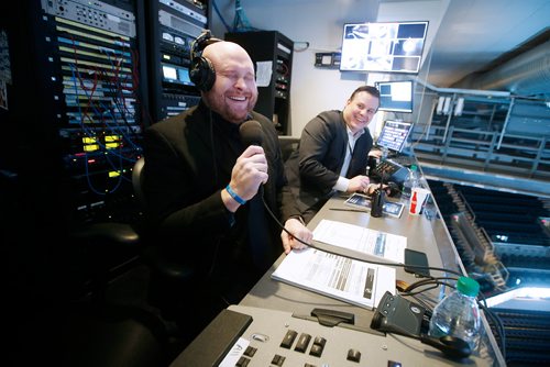 JOHN WOODS / WINNIPEG FREE PRESS
Jay Richardson, left, public announcer for the Winnipeg Jets, and Kyle Balharry, Senior Director of Game Production and Broadcast Services for True North Sports and Entertainment are photographed as they joke around with eachother in the production studio at the Winnipeg Jets arena Tuesday, January 15, 2019.