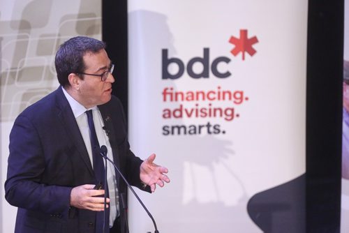 MIKE DEAL / WINNIPEG FREE PRESS
Pierre Cleroux, chief economist of Business Development Bank of Canada (BDC) is speaking at Manitoba Chamber of Commerce event at the Metropolitan Event Centre, talking about results of a BDC study on entrepreneurs' investment intentions. 
190116 - Wednesday, January 16, 2019
