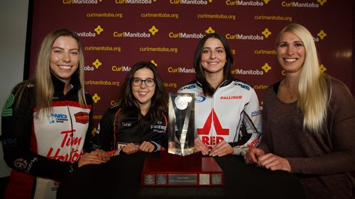 MIKE DEAL / WINNIPEG FREE PRESS
(from left) Katherine Doerksen with Team Peterson, Selena Njegovan with Team Fleury, Shannon Birchard with Team Einarson and Raunora Westcott with Team Flaxey during a CurlManitoba announcement regarding the Scotties Tournament of Hearts which will take place January 23-27, 2019 at the Gimli Recreation Centre in Gimli, Manitoba.
190116 - Wednesday, January 16, 2019.