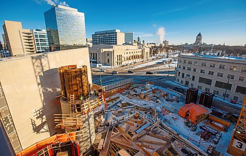 MIKE DEAL / WINNIPEG FREE PRESS
A view of the construction of the Inuit Art Centre from the roof of the Winnipeg Art Gallery Wednesday afternoon.
190116 - Wednesday, January 16, 2019.