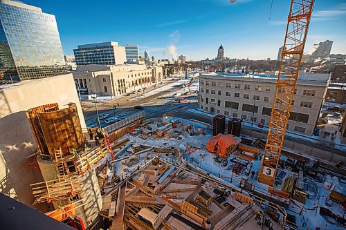 MIKE DEAL / WINNIPEG FREE PRESS
A view of the construction of the Inuit Art Centre from the roof of the Winnipeg Art Gallery Wednesday afternoon.
190116 - Wednesday, January 16, 2019.