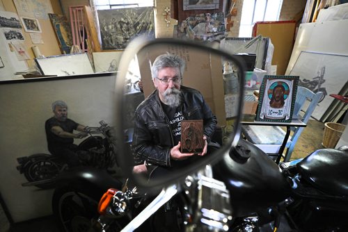 RUTH BONNEVILLE / WINNIPEG FREE PRESS

FAITH Page  

Description:Story; Artist Michael Boss combines his love of motorcycles and religious icons into paintings for new gallery exhibit at Mennonite Heritage Centre Gallery

Portraits of Michael Boss with his bike and  his art in his studio at 318  McDermot. 

See  Brenda Superman story.

Jan 16th, 2019 
