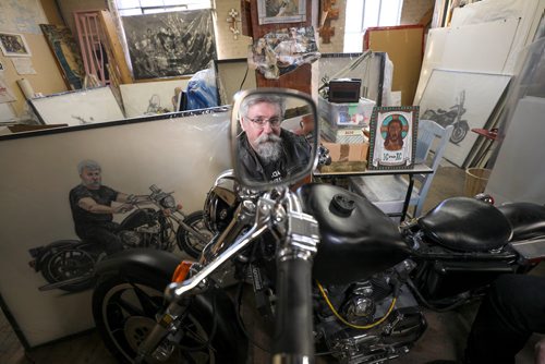 RUTH BONNEVILLE / WINNIPEG FREE PRESS

FAITH Page  

Description:Story; Artist Michael Boss combines his love of motorcycles and religious icons into paintings for new gallery exhibit at Mennonite Heritage Centre Gallery

Portraits of Michael Boss with his bike and  his art in his studio at 318  McDermot. 

See  Brenda Superman story.

Jan 16th, 2019 
