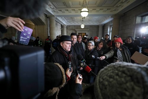 RUTH BONNEVILLE / WINNIPEG FREE PRESS

Local - Keeyask Rally


Local, Four northern Manitoba First Nations, who are part of the  Keeyask Hydroelectric Limited Partnership, hold public rally on issues related to Hydro development, at the Legislative Building Friday. 

Photo of MKO Grand Chief Garrison Settee (hat) answering questions from the media with other northern First Nation leaders next to him inside the foyer after their rally outside the Legislative Building on Friday 

See Jessica Botelho-Urbanski story.

Jan 18th, 2019 

