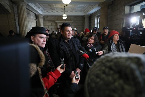 RUTH BONNEVILLE / WINNIPEG FREE PRESS

Local - Keeyask Rally


Local, Four northern Manitoba First Nations, who are part of the  Keeyask Hydroelectric Limited Partnership, hold public rally on issues related to Hydro development, at the Legislative Building Friday. 

Photo of York Factory First Nation Chief Leroy Constant answering questions from the media with other northern First Nation leaders next to him inside the foyer after their rally outside the Legislative Building on Friday 

See Jessica Botelho-Urbanski story.

Jan 18th, 2019 
