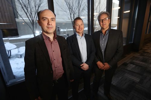 TREVOR HAGAN/ WINNIPEG FREE PRESS
(l-r) Dmitry Zvonov, Marshall Ring, CEO Manitoba Technology Accelerator and Gord Blaine, founder of the Capstone Ridge Group, Friday, January 18, 2019. For Marty business story about federally funded visa program for business startups.