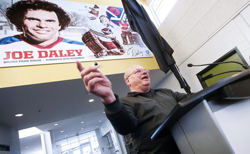 JOHN WOODS / WINNIPEG FREE PRESS
Former Winnipeg Jet Joe Daley speaks at a mural unveiling in Daley's honour at the Bronx Community Centre in Winnipeg  Sunday, January 20, 2019.
