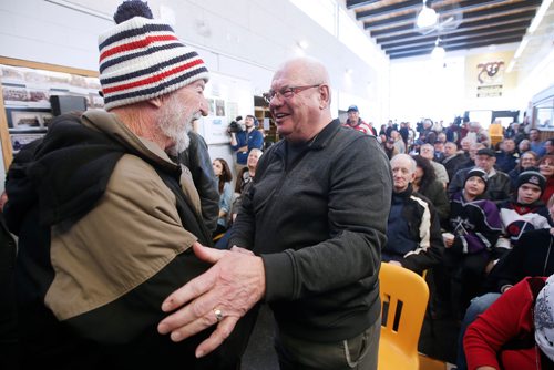 JOHN WOODS / WINNIPEG FREE PRESS
Former Winnipeg Jet Joe Daley embraces Ron Parks, an old high school friend, at a mural unveiling in Daley's honour at the Bronx Community Centre in Winnipeg  Sunday, January 20, 2019.