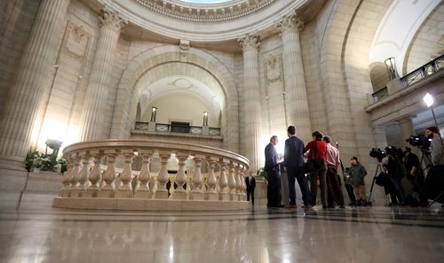 TREVOR HAGAN / WINNIPEG FREE PRESS
Premier Brian Pallister addresses media at the Manitoba Legislative Building, Monday, January 21, 2019.