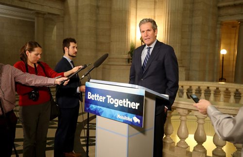 TREVOR HAGAN / WINNIPEG FREE PRESS
Premier Brian Pallister addresses media at the Manitoba Legislative Building, Monday, January 21, 2019.