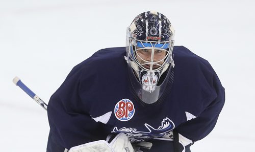 TREVOR HAGAN / WINNIPEG FREE PRESS
Manitoba Moose goaltender Eric Comrie (1) during practice at Bell MTS Place, Monday, January 21, 2019.