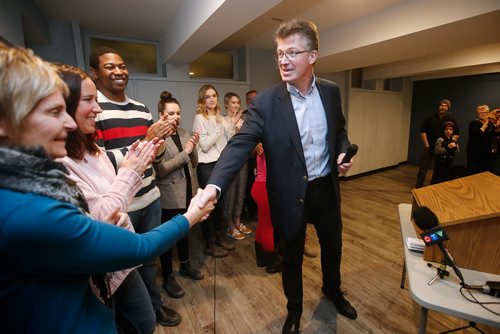 JOHN WOODS / WINNIPEG FREE PRESS
Manitoba MLA Andrew Swan greets supporters at Robert Steen Community Centre before he announced that he will be running for the federal NDP seat in Winnipeg Centre in the next federal election Monday, January 21, 2019.