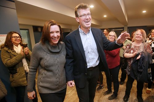 JOHN WOODS / WINNIPEG FREE PRESS
Manitoba MLA Andrew Swan and wife Tasmin enter a room of supporters at Robert Steen Community Centre to announce that he will be running for the federal NDP seat in Winnipeg Centre in the next federal election Monday, January 21, 2019.