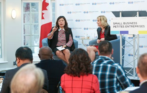 MIKE DEAL / WINNIPEG FREE PRESS
MP Mary Ng (left) Minister of Small Business and Export Promotion talks with Mariette Mulaire (right) President and CEO of World Trade Centre Winnipeg during a breakfast event at the Assiniboine Park Pavilion Tuesday morning.
190122 - Tuesday, January 22, 2019.