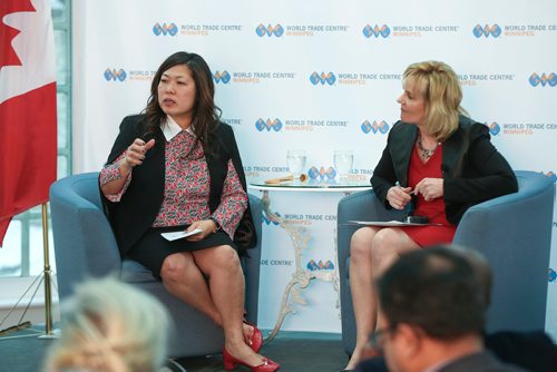 MIKE DEAL / WINNIPEG FREE PRESS
MP Mary Ng (left) Minister of Small Business and Export Promotion talks with Mariette Mulaire (right) President and CEO of World Trade Centre Winnipeg during a breakfast event at the Assiniboine Park Pavilion Tuesday morning.
190122 - Tuesday, January 22, 2019.