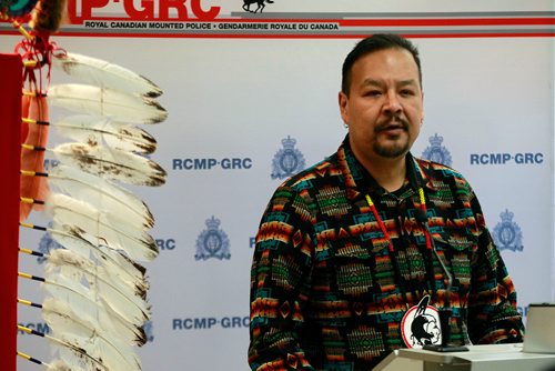 PHIL HOSSACK / WINNIPEG FREE PRESS - Manitoba Regional Chief Kevin Hart dresses a press conference before Eagle Feathers at "D" Division went through ceremony preparing them to be placed in Detachments across Manitoba. Alex Paul story. - January 7, 2019.