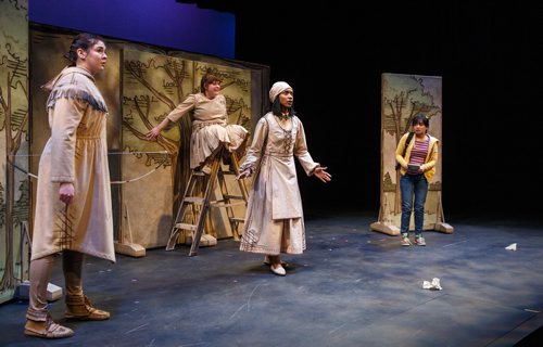 MIKE DEAL / WINNIPEG FREE PRESS
(From left): Kathleen MacLean as Thana, Alissa Watson as Helen, Reina Jolly as Rose, and Hera Nalam as Jess in the MTYP production of Torn Through Time which will be running from Jan 25 to Feb 3, 2019.
190122 - Tuesday, January 22, 2019.