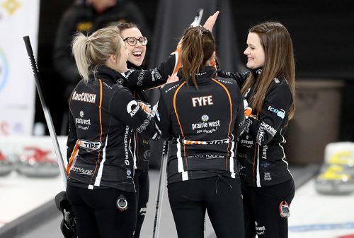 TREVOR HAGAN / WINNIPEG FREE PRESS
Lead, Kristin MacCuish, third, Selena Njegovan, second, Liz Fyfe and skip, Tracy Fleury from the East St. Paul Curling Club at the Scotties in Gimli, Wednesday, January 23, 2019.