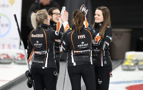 TREVOR HAGAN / WINNIPEG FREE PRESS
Lead, Kristin MacCuish, third, Selena Njegovan, second, Liz Fyfe and skip, Tracy Fleury from the East St. Paul Curling Club at the Scotties in Gimli, Wednesday, January 23, 2019.