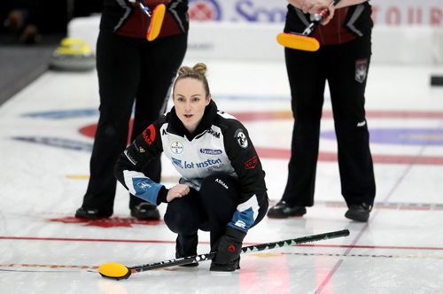 TREVOR HAGAN / WINNIPEG FREE PRESS
Brandi Forrest, fifth for the Abby Ackland rink from Assiniboine Memorial Curling Club filling in for her skip at the Scotties in Gimli, Wednesday, January 23, 2019.