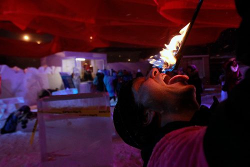 PHIL HOSSACK / WINNIPEG FREE PRESS - Chris without a hat prefers his beverages hot as he entertained at the opening night of the Ice Bar on the Red River Wednesday. See story. January 23, 2019