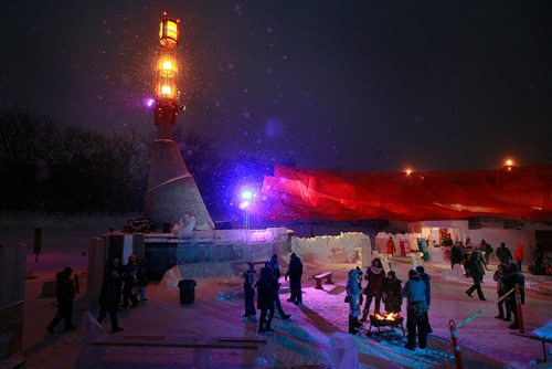 PHIL HOSSACK / WINNIPEG FREE PRESS - A little snow squall didn't hinder the patrons at the opening night of the Ice Bar on the Red River Wednesday. See story. January 23, 2019